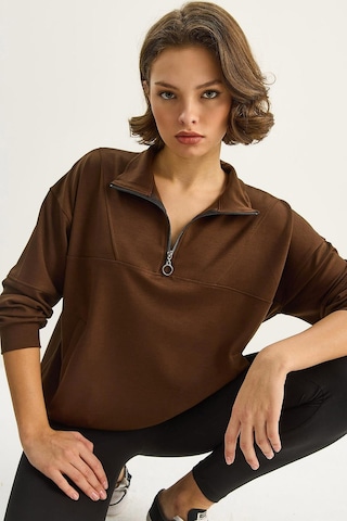 Shade Kadın Dik Yaka Yarım Fermuarlı Cep Detaylı Oversize Modal Sweatshirt 60601053 - Acı Kahve Çok Renkli