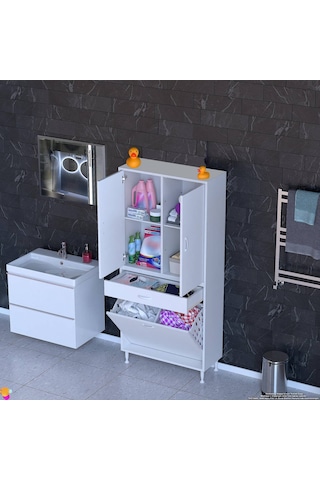 Eliusta Pine 75 Cm Genişlikte Dolap 75x171x32,5 Cm Banyo/mutfak Dolabı İki Kapaklı Sepetli Dolap Beyaz
