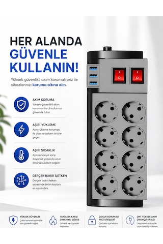 Ftr-08 4000w 16a Akım Korumalı 2 Anahtarlı 8'li Priz, 3 Usb Portl