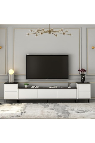 İmaj Tv Ünitesi Ve Komodin Set Traverten/gold, Oturma Odası Set, Tv Sehpası - Beyaz Beyaz