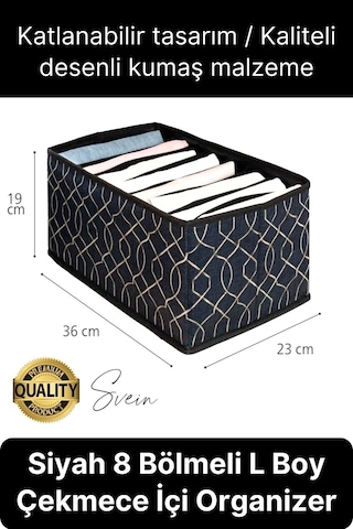 Çok Amaçlı Siyah 8 Gözlü Çekmece Dolap İçi Düzenleyici Organizer Büyük Large Boy Tshirt El Havlusu Çok Renkli