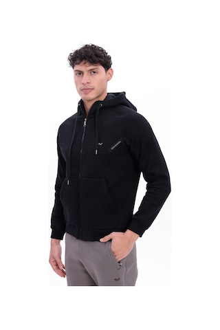 Rowinger 3 İplik Kalın Dokulu Parçalı Görünümlü Kapüşonlu Tam Fermuarlı Erkek Sweatshirt Navyblue