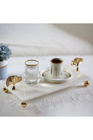 Akayev Mermer Beyaz 30X15 CM Altın Ayak Ginkgo Sunum Tabağı