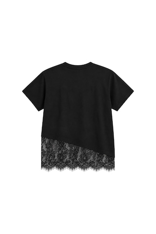 Vadon 1005 Kadın Pamuklu Regular Fit Bisiklet Yaka Asimetrik Kesim Dantel Detaylı Yumuşak Dokulu T-shirt Siyah