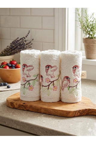 3 Lü Nakışlı Mutfak Havlusu Seti 30x50 Cm Kutulu Hediyelik Pamuk Havlu Takımı Krem