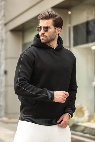 Madmext Siyah Kapüşonlu Kanguru Cep Erkek Sweatshirt E7163 Siyah