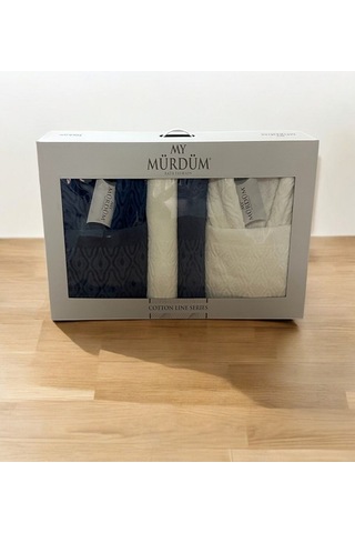 Banyo Çeyiz Seti, %100 Pamuk Bornoz Takımı, 8parça Aile Bornoz Seti, Havlu&havlu Seti Lacivert-krem Lacivert