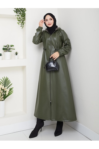 Hb Harma Time Butik Kadın Fermuarlı Kapüşonlu Şardonlu Haki Deri Kap