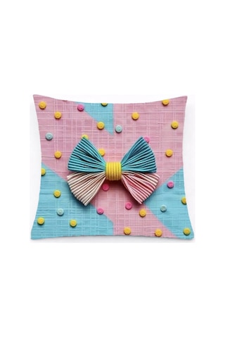 3d Renkli Düğme Ve Gökkuşağı Fiyonk Detaylı Dekoratif Kırlent Kılıfı 45x45 Cm Pastel Pembe Mavi