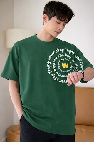 Tarz Cool Erkek Oversize Tişört Never Stop Trying Baskılı Salaş Kalıp Yeşil