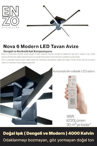 Nova 6 Füme Led Tavan Avize Kumandalı Dim Edilir Aşağı Işık Doğal Işık