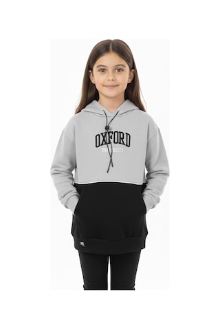 Kapşonlu Oxford Baskılı Kanguru Cepli Kız Çocuk Sweatshirt-90862 Gri