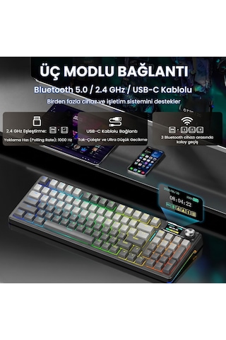 Aula F98 Pro V3 Oled Ekranlı Crystal Switch Makrolu Kablosuz Rgb Hot-swap Gasket Pre-lubed Switch Mekanik Klavye Gradyan Gri