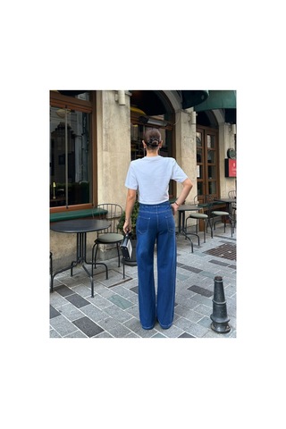 Kene Jeans Yüksek Bel/beli Lastikli Bağıcıklı Bol Paça Jeans Lacivert