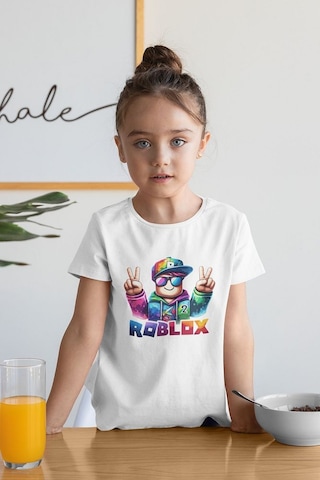 Sevbano Roblox 2 Baskılı Unisex Oyun Çocuk Tişört 1-12 Yaş Beyaz