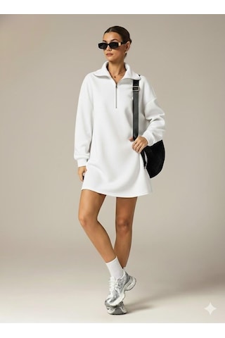 Afri 3 İplik Şardonlu Beyaz Oversize Fermuarlı Tunik Sweatshirt - Günlük Spor Elbise Beyaz