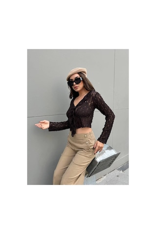 First Angels Dantelli Crop Bluz Kahve Kahve