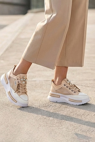 Tw Tonny White Tokyo - 172 Tül Detaylı Keten Sneakers Topuk Boyu 5cm Bej