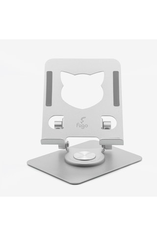 360 Derece Dönebilen Tablet Ve Telefon Standı Kedi Figürlü Metal Silver