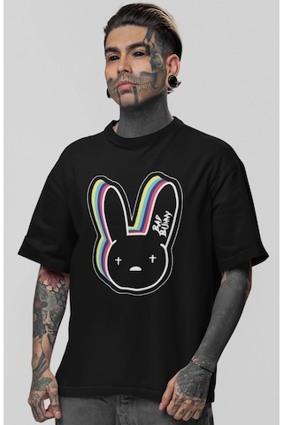 Sevbano Bad Bunny Rapper Şarkıcı Baskılı Unisex Oversize Tişört Siyah