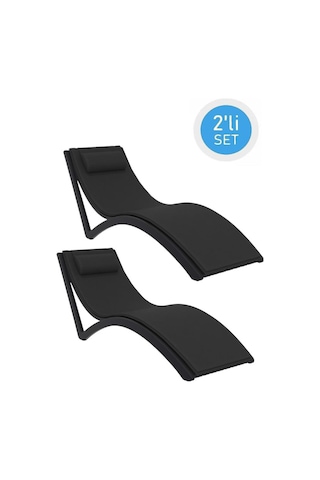 Omnipazar Trk-087 Siesta Minderli Yastıklı Lüks Ergonomik Slim Şezlong Siyah 2'li Set Siyah