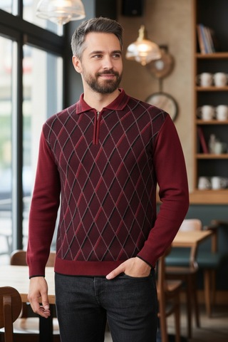 Kamalı Erkek Bordo Tüylenme Yapmayan Anti Pilling Kumaş Standart Fit Normal Kesim Polo Yaka Triko Kazak