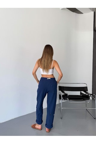Dechers Kadın Keten Pantolon Dikiş & Nakış Detaylı Rahat Kalıp Pantolon W215-4 Lacivert