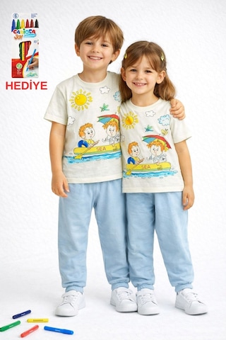 Zuzunga En Sevimli Figürleri Özel Kalemi İle Boyanabilir Çocuk Pijama Takımı Yıkama Sonrası Leke Bırakmaz Bebe Mavisi