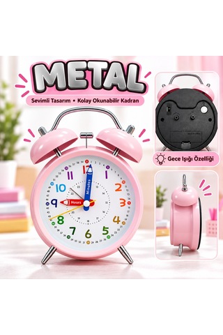 Eğitici Ve Eğlenceli Renkli Çalar Saat Pilli, Metal Gövdeli Çocuk Saati Pembe