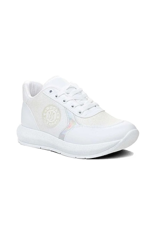 Modalendo Günlük Sneaker Yürüyüş Cilt Simli Beyaz Kadın Ayakkabı Beyaz