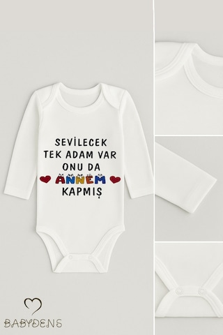 Babyden's Sevilecek Tek Adam Var, Onu Da Annem Kapmış Yazılı,uzun Kollu Bebek Body %100 Pamuk Çıtçıtlı Body Beyaz