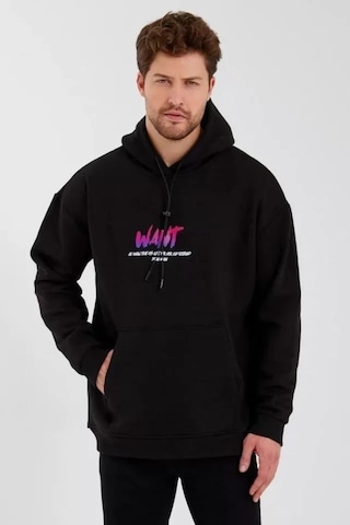Efnaz Style Erkek Baskılı Üç İplik Kapüşonlu Oversize Sweatshirt - Siyah