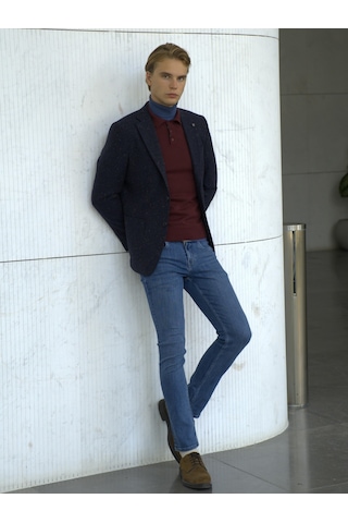 Erkek Yün Ceket Nopeli Mono Yaka Torba Cep Çift Yırtmaç Slim Fit Ceket Ncs Jeans 4003-Lacivert