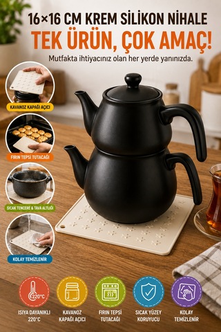 Krem Silikon Nihale 16x16 Cm Çok Amaçlı Tencere Tava Altlığı Fırın Tepsi Tutacağı Kavanoz Açacağı Ev