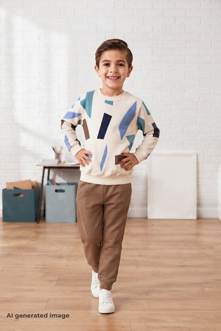 Pina Kids Erkek Çocuk Geometrik Desenli Okul Günlük Eşofman Takımı Esf7038 Kahverengi