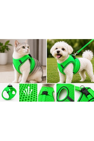 Nefes Alan Kumaş Air Mesh Kedi Köpek Göğüs Tasması X Small 32x36 Cm Neon Yeşil
