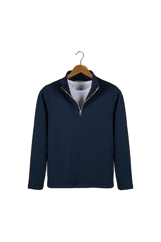Erkek Lacivert Yarım Fermuarlı Basic Düz Sweatshirt Lacivert3