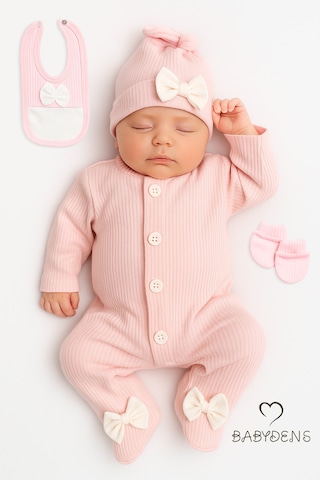 Babyden's 4 'lü Kız Bebek Fitilli Yenidoğan Bebek Tulum Seti %100 Pamuklu Hastane Çıkışı Açık Pembe