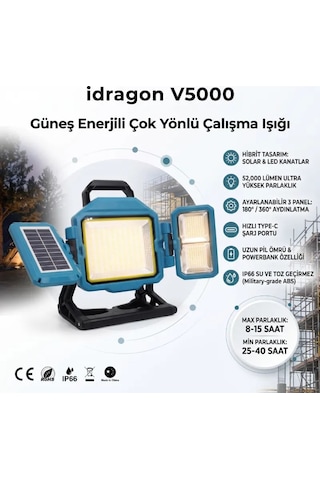 İdragon V5000 Güneş Enerjili Katlanabilir Solar Led Projektör- 16500mah Powerbankli, Kademesiz Dimmer Ayarlı, Ip66 Su Geçirmez Şantiye, Çalışma & Kamp Işığı