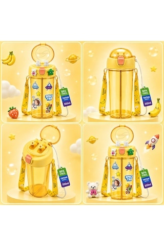 Heydiye Mâbeyn İkili Suluk 550 Ml Tritan Bpa-bps Free Matara, Çift Hazneli, Çift İçim Kapaklı, Bilek Ve Boyun Askılı, Sticker & 3d Figür Hediyeli Sarı