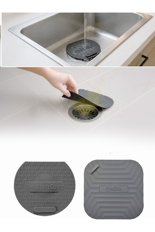 2'li Set Gri Kare Silikon Gider Koku Önleyici Kapak Ve Evye Lavabo Süzgeci