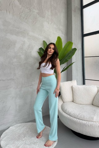 Kadın Su Yeşili Yüksek Bel Fitilli Bol Paça Günlük İnce Eşofman Altı Su Yeşili