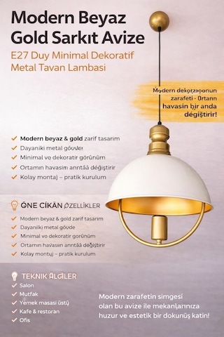 Modern Beyaz Gold Sarkıt Avize E27 Duy Metal Gövde Minimal Dekoratif Tavan Lambası 1