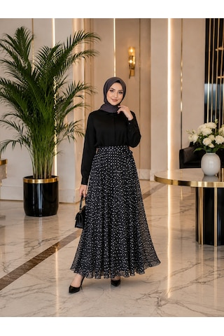 Esra Butik78 Siyah & Kahverengi Puantiyeli Astarlı Şifon Etek Kendi Kumaşından Kuşaklı, 95 Cm