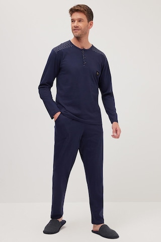 Tudors Erkek Standart Fit Normal Kesim %100 Pamuk Bisiklet Yaka Beli Lastikli Lacivert Pijama Takımı-37946 Lacivert