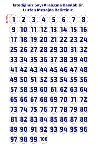 Sayı Etiketi Sayı Sticker Numara Etiketi 1'den 100'e Kadar Mavi