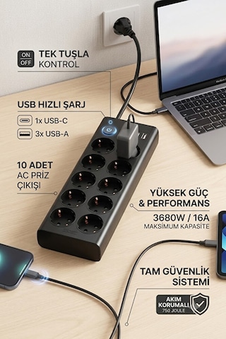 10'lu Akım Korumalı Priz 3680 Watt Koruma 16a 3 Usb + 1 Type-c Anahtarlı 2 Metre 2 M