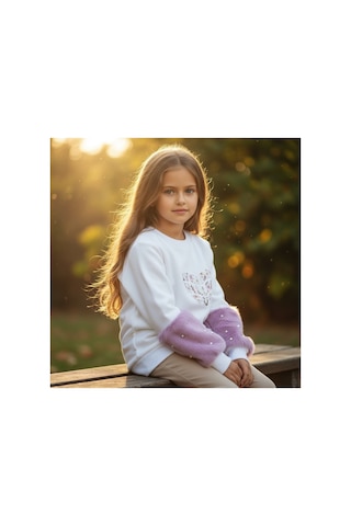 Fesshera Kids Kız Çocuk Sweatshirt Beyaz Sevimli Kalp Baskılı Peluş Kollu İnci Detaylı Pamuklu Sweatshirt