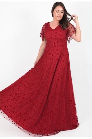 Ladies First Büyük Beden 3424 Bordo Uzun Abiye Elbise
