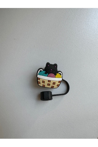 Sevimli Kedi Model Silikon Toz Geçirmez Sızdırmaz Pipet Kapağı 1 Adet Termos Ile Uyumlu Siyah - Turuncu